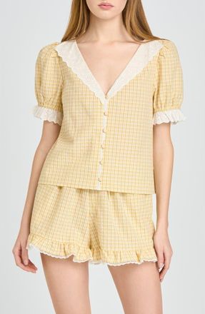 Wayf Emma Eyelet Trim Plaid Button-Up Top in Yellow at Nordstrom, Size X-Large