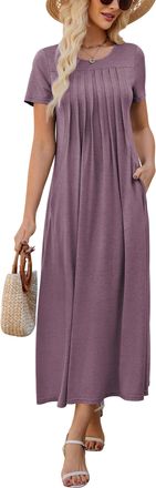 Kilig Cosmetics Summer Dresses for Women UK Short Sleeve Maxi Dress Ladies Pleated Long Dress with Pockets for Beach Vacation Purple Red, S
