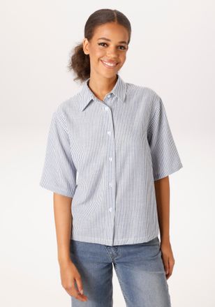 Aniston Hemdbluse ANISTON CASUAL, Damen, Gr. 34, blau, wei&szlig;, gestreift, Web, Obermaterial: 100% Polyester, Leinenoptik, gestreift, oversize h&uuml;ftlang, Blusen H