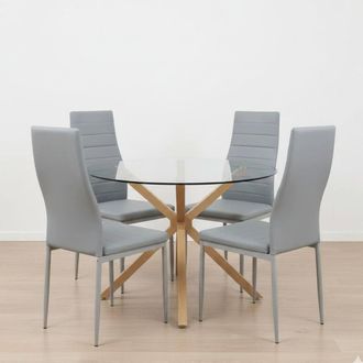 Kosy Koala Round Glass Dining Table Set With 4 grey faux leather Chairs