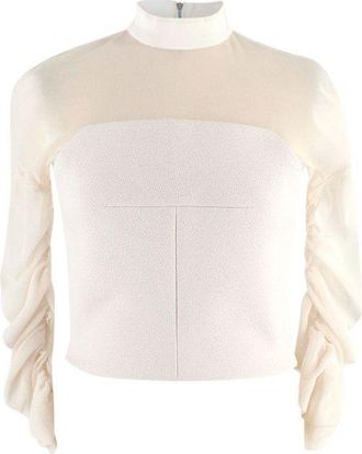Balenciaga White Sheer Panel Ruched Sleeve High Neck Top Size XS