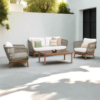 Teamson Home Outdoor Patio Sofa Set with Solid Acacia Base, Matching Table & Rope Accents