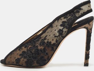Jimmy Choo London Black Suede And Embroidered Lace Open Toe Slingback Sandals