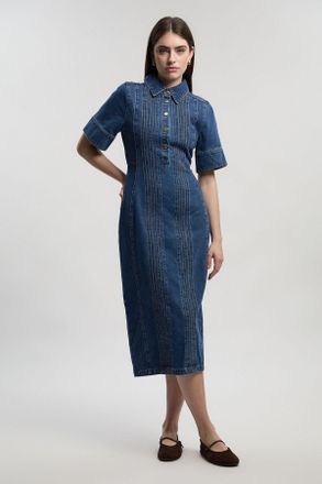 Karen Millen Womens Denim Corset Stitch Detail Pencil Midi Dress - Blue Cotton - Size 12 UK