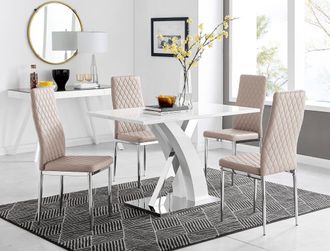 Furniturebox Atlanta White High Gloss & Chrome 4 Seater Dining Table with X Shaped Legs & 4 Faux Leather Milan Chairs in Beige