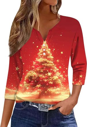 Generic Christmas T Shirts for Women Christmas Tree Print Funny Blouse 3/4 Length Sleeve Comfortable Tees Novelty Crew Neck Clothes Large Sizes Xmas Shirts (W