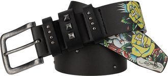 Ed Hardy Mens 38mm Skulls & Roses Print Studded Belt, Black/Round Studs, 32