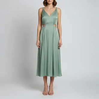 Maje Green Sateen Sleeveless Openwork Midi Dress