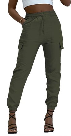 Generic Womens Cargo Picket Detail Casual Stretch Fit Combat Trousers Pants (L-XL, Khaki)