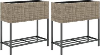 vidaXL Garden Planters with Shelf 2 pcs Grey 70x28x70 cm Poly Rattan vidaXL