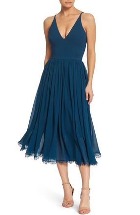 Dress The Population Alicia Mixed Media Midi Dress in Peacock Blue at Nordstrom, Size Xx-Small