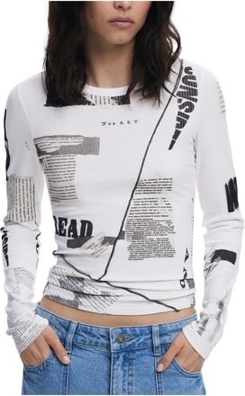 Desigual Camiseta de manga larga con estampado de peri&oacute;dico - Tops - Mujer - Blanco - L