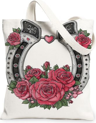 Generic Vintage Floral Canvas Tote Bags, Roses and Horseshoe Design Reusable Grocery Bags, Lightweight Washable Shoulder Strap Canv, White, 13x15 Inch