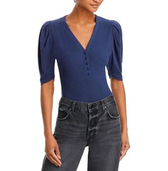 Frame Denim Rib Knit Ruched Sleeve Henley Tee In Navy Blue