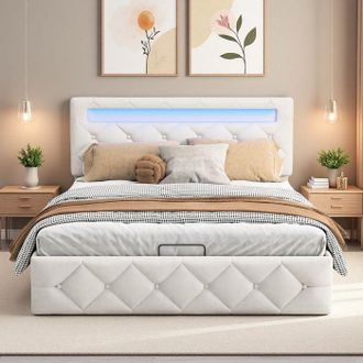 OEM Cama 160x200 Cm, Cama Con Arc&oacute;n Para Adultos 160x200 Cm Con Somier De Lamas, Estructura De Cama, Led, 2 Personas, Arc&oacute;n De Almacenamiento, Beige