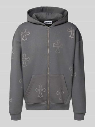 Review Sweatjacke mit Strasssteinbesatz und Kapuze in Dunkelgrau, Größe XL