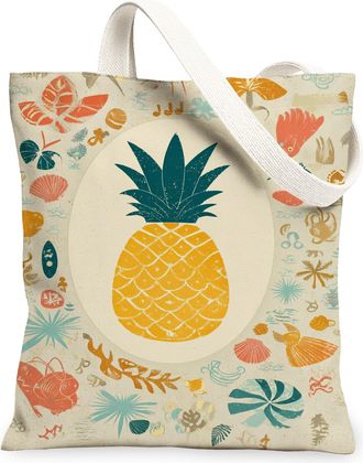 Generic Tropical Pineapple Canvas Tote Bags, Vintage Botanical Print Reusable Shopping Bags, Summer Lightweight Washable Shoulder S, Beige, 13x15 Inch