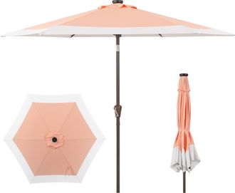 Jonathan Y Designs Spencer 9 ft. Classic Coastal 2-Tone Solar LED Market Patio Umbrella with 12 LED Strip Lights, Auto-Tilt, Crank and UV Protection