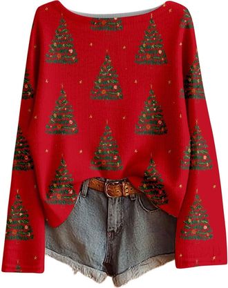 Generic Christmas Jumpers for Women Xmas Tree Print Ladies Xmas Tops Funny Christmas Sweater Boho Sweatshirt Pullover