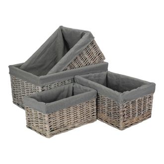 Red Hamper Set of 4 Grey Wash Grey Cotton Lined Willow Storage Baskets