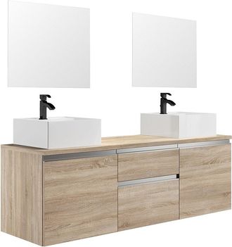 Vente-Unique Mueble de ba&ntilde;o suspendido con doble lavabo y espejos - Natural claro - 150 cm - JIMENA II