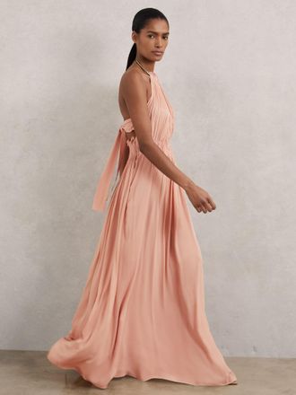 Reiss Womens Pink Ruched Ring-Detail Halterneck Maxi Dress, Size: 6