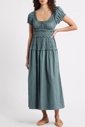 D&ocirc;en Leanne Smock Waist Tiered Organic Cotton Dress in Lagoon at Nordstrom, Size Xx-Large