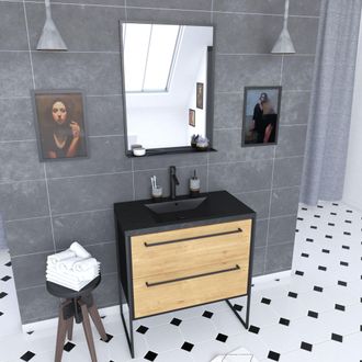 Aurlane Mueble Ba&ntilde;o 80x50 Cm Negro Mate 2 Cajones + Lavabo + Espejo