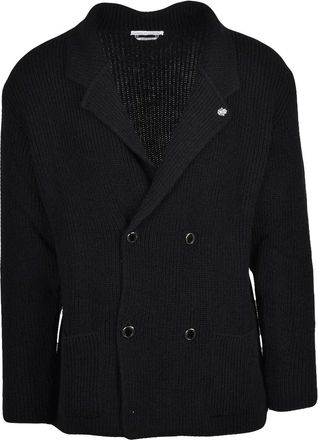 Daniele Alessandrini Black Wool-Blend Double-Breasted Shawl Collar Cardigan