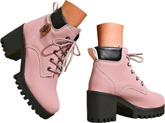 Generic Womens Ankle Combat Boots Chunky Lace Up Booties Platform High Heel Fashion Autumn Winter Shoes Lug Sole Round Toe Casual Waterproof Non Slip Riding M