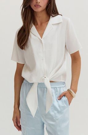 Crescent Front Tie Short Sleeve Blouse in White at Nordstrom, Size X-Small