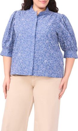 CeCe by Cynthia Steffe Daisy Embroidered Chambray Button-Up Top in Classic Navy at Nordstrom, Size 2 X