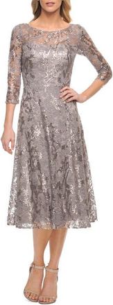 La Femme Lace Metallic Tea Length Dress with Three-Quarter Sleeves in Silver at Nordstrom, Size 14