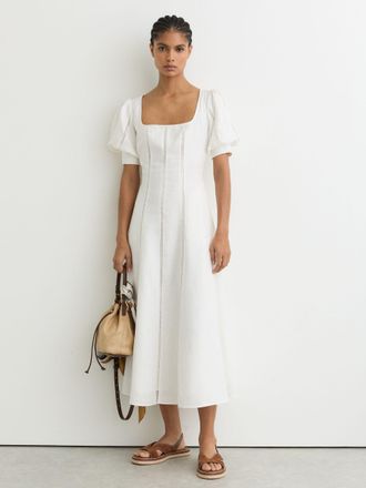 Reiss Linen Puff-sleeve Embroidered Midi Dress, 14