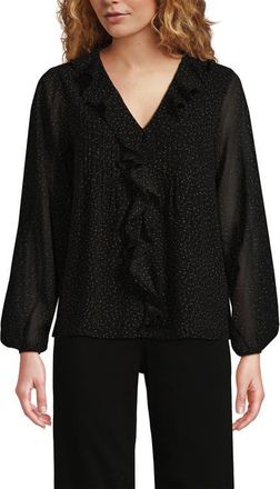 Lands End Chiffon Ruffle Front Pleated Blouse in Black Terrazzo Dot at Nordstrom, Size X-Small