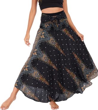 Feoya Women Boho Long Maxi Skirts Belly Dancing Dresses Boho Clothing for Women Happie Skirts Dress 2 in 1 Floral Printed Skirt Dress Bohemian Style Black 1