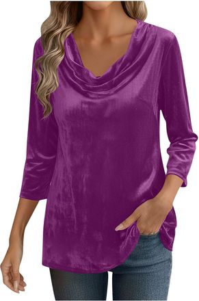 Generic Velvet Top for Women Uk 3/4 Sleeve Drape Ruched Front Blouses Cowl Neck T Shirts Ladies Casual Slim Fit Sweatshirts Baggy Dressy Tunic Tops Lightweigh