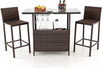 Costway Costway - 3 Piece Patio Wicker Garden Bar Set Rattan Bar Height Table Hidden Storage Shelf