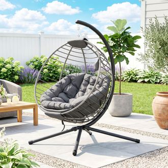 OUTSUNNY Cushioned PE Rattan Hanging Swing Chair with Stand & Cup Holder, Grey