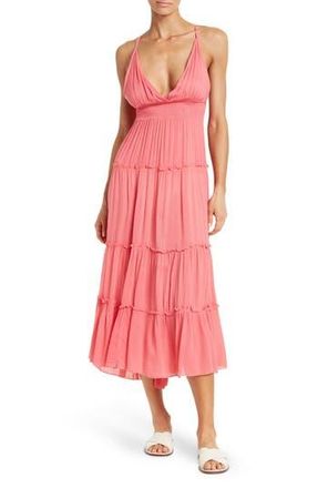 Boho Me Tie Back Tiered Cover-Up Maxi Dress in Watermelon at Nordstrom Rack, Size X-Small