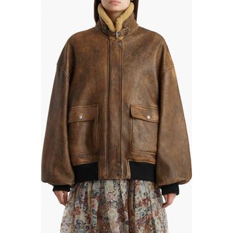 Khaite Sandor Distressed Leather Bomber Jacket in Dark Brown at Nordstrom, Size Medium