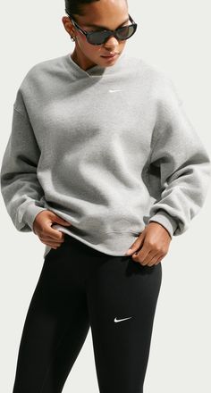 Nike Womens Studio Fleece Medium Weight Oversized V-Neck Top in Grey | IQ5763-063