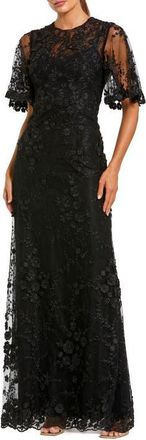 Mac Duggal Womens Flutter Sleeve Floral Emboridered Net Gown in Black at Nordstrom, Size 14