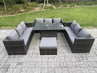 Fimous 10 Seater Rattan Garden Furniture Sofa Set Outdoor Adjustable Rising Lifting Dining Table Set with Big Footstool in Dark Grey