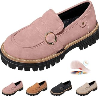 Generic Womens Comfortable British Style Retro Slip-on Shoes Non-Slip Chunky Heel Loafer Wide Fit Work Casual Platform Shoes (Pink,36EU)