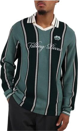 Filling Pieces Gebreide Voetbalshirt Lange Mouw Donker/Groen - Heren - V-hals truien - Groen - L - Wol - Truien & Vesten