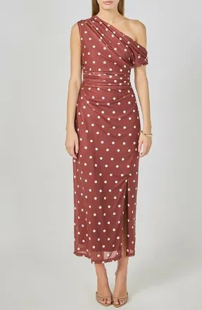 endless rose Dot Ruched One-Shoulder Mesh Maxi Dress in Brown/ivory at Nordstrom, Size X-Small