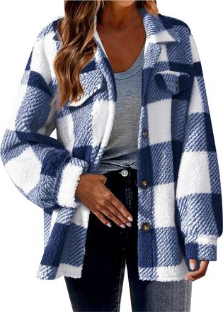 Generic Autumn Jacket Womens Checked Shirt Blouse Long-Sleeved Loose Shacket Flannel Jacket With Buttons Transition Jacket Warm Teddy Fleece