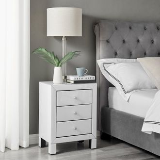 Furniturebox Lexi Large Wooden Bedside Table with 3 Drawers & a Modern Mirrored Finish in White