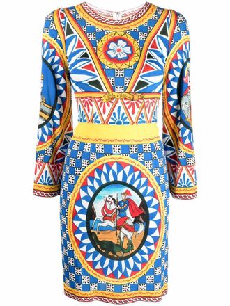 Dolce & Gabbana graphic-print long-sleeve dress - women - Viscose - 36 - Blue